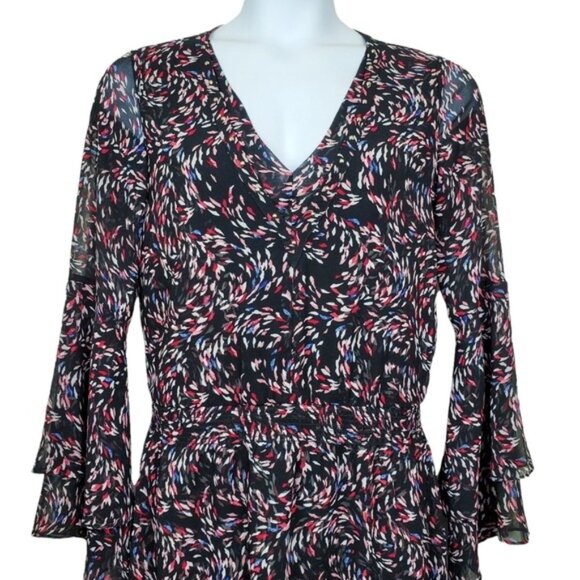 White House Black Market Flare Sleeve V-Neck Pattern Chiffon Mini Dress Size 8 - Picture 3 of 7